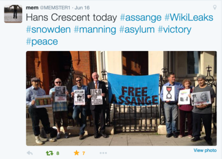 The Julian Assange and WikiLeaks Solidarity Vigil  at work outside the Ecuadorian Embassy in London June 16th 2015